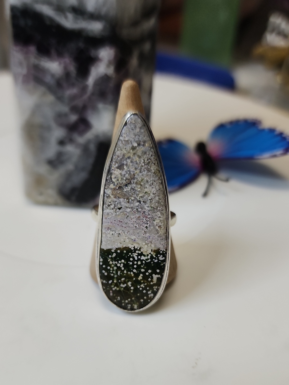 Handmade Teardrop Ocean Jasper Statement Ring in Green and Cream